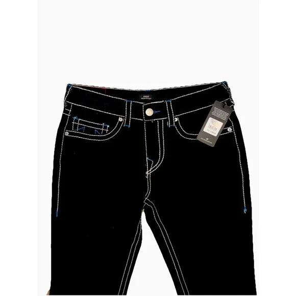 True Religion Jeans Men's Black Ricky Big T Blue Stitch Straight Denim NWT - Picture 4 of 5